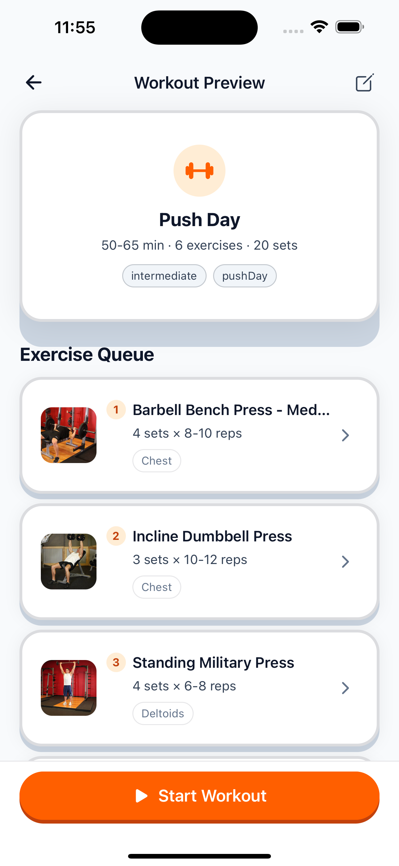 KRIO Workout Preview screen